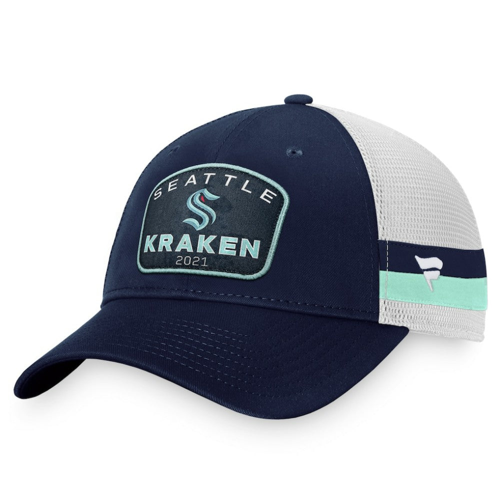 NHL Deep Sea Blue/White Seattle Kraken Fanatics Fundamental Striped Trucker Adjustable Hat