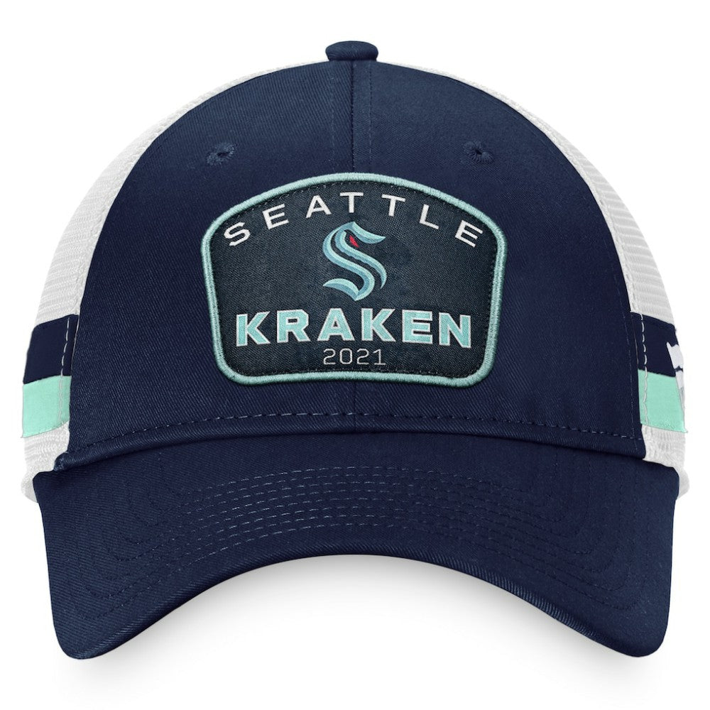 NHL Deep Sea Blue/White Seattle Kraken Fanatics Fundamental Striped Trucker Adjustable Hat