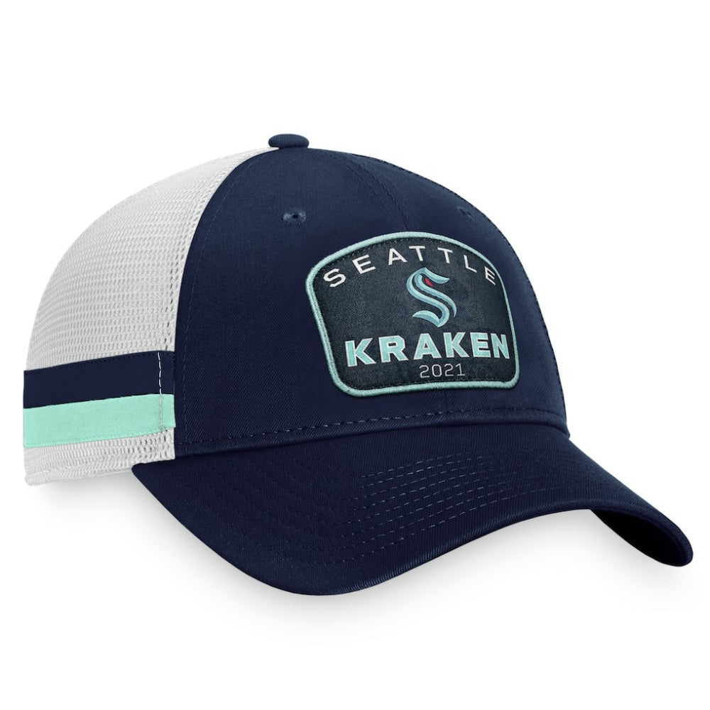 NHL Deep Sea Blue/White Seattle Kraken Fanatics Fundamental Striped Trucker Adjustable Hat