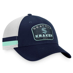 NHL Deep Sea Blue/White Seattle Kraken Fanatics Fundamental Striped Trucker Adjustable Hat