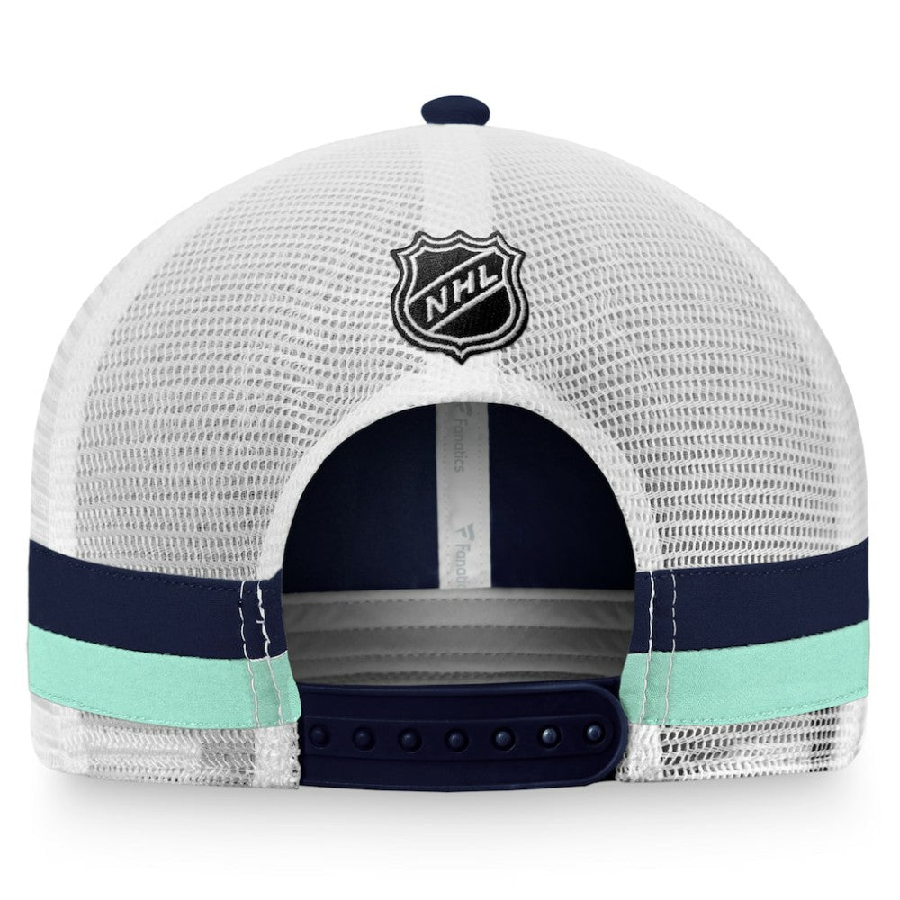 NHL Deep Sea Blue/White Seattle Kraken Fanatics Fundamental Striped Trucker Adjustable Hat