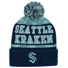NHL Deep Sea Blue Seattle Kraken Youth Puck Cuffed Knit Hat with Pom