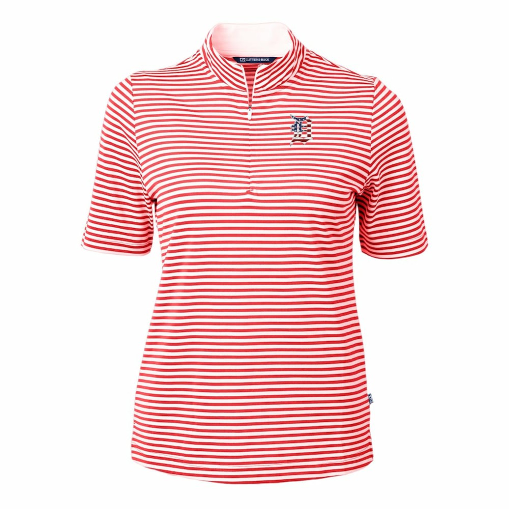 MLB Detroit Tigers Cutter & Buck Women's Virtue Eco Pique Stripe Recycled Quarter-Zip Pullover Top