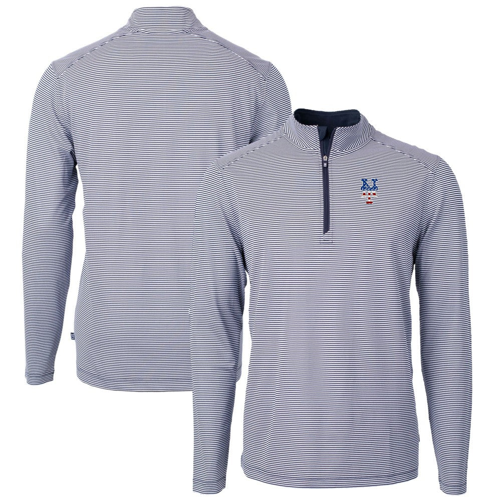 MLB New York Mets Cutter & Buck Americana Logo Virtue Eco Pique Stripe Recycled Quarter-Zip Pullover Top