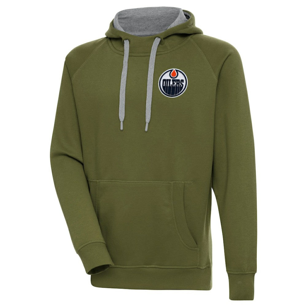 NHL Olive Edmonton Oilers Antigua Victory Pullover Hoodie