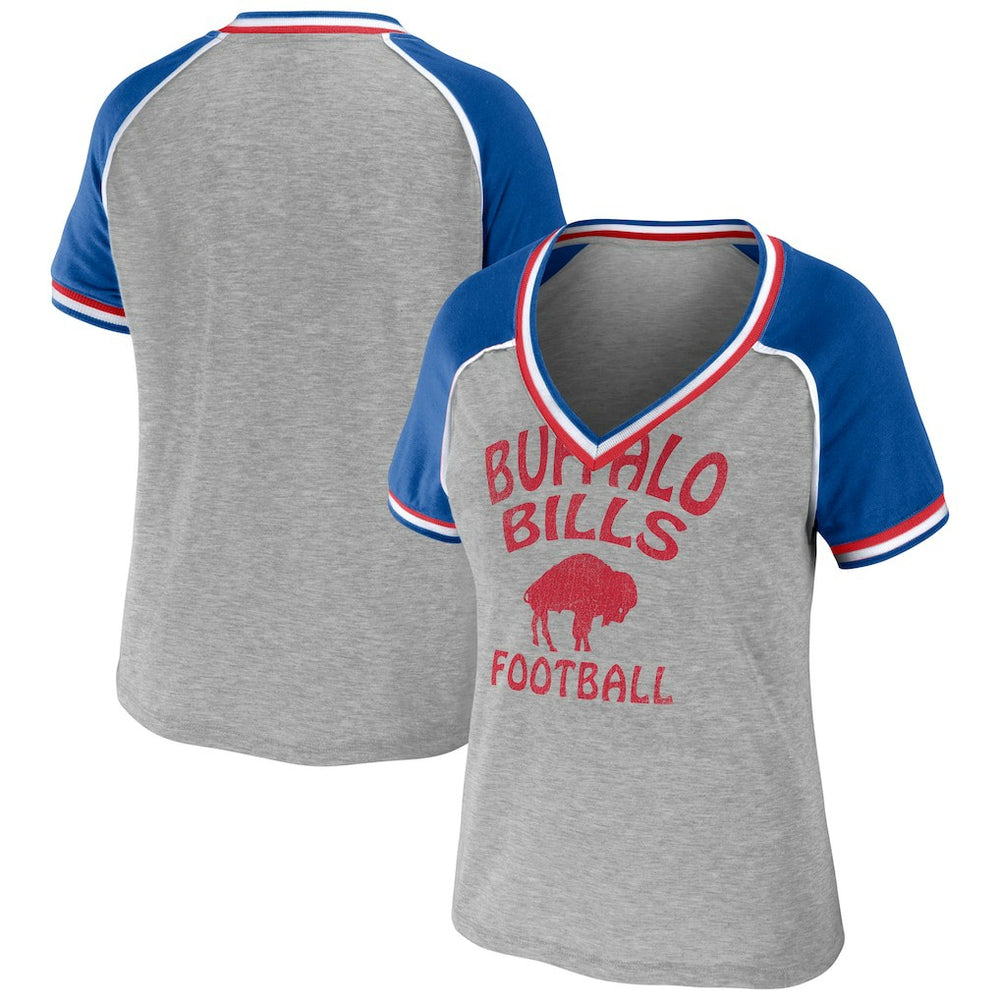 WEAR by Erin Andrews Women's Cropped Raglan Throwback V-Neck T-Shirt - Buffalo Bills