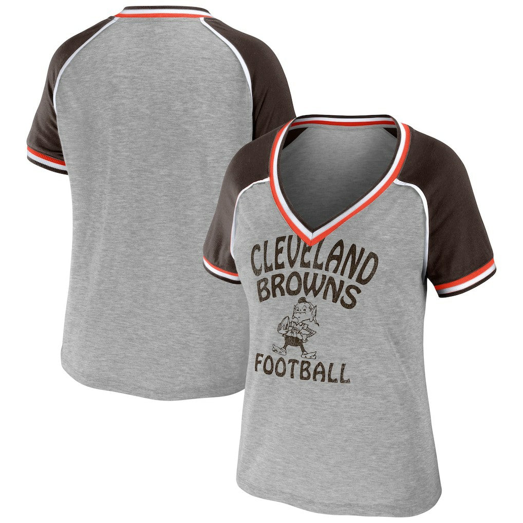 WEAR by Erin Andrews Women's Cropped Raglan Throwback V-Neck T-Shirt - Cleveland Browns