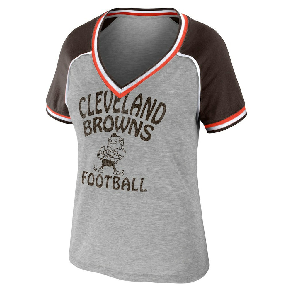 WEAR by Erin Andrews Women's Cropped Raglan Throwback V-Neck T-Shirt - Cleveland Browns