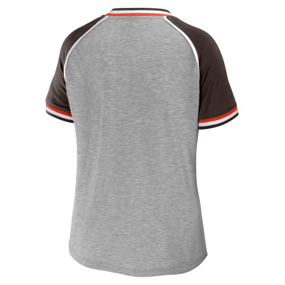 WEAR by Erin Andrews Women's Cropped Raglan Throwback V-Neck T-Shirt - Cleveland Browns