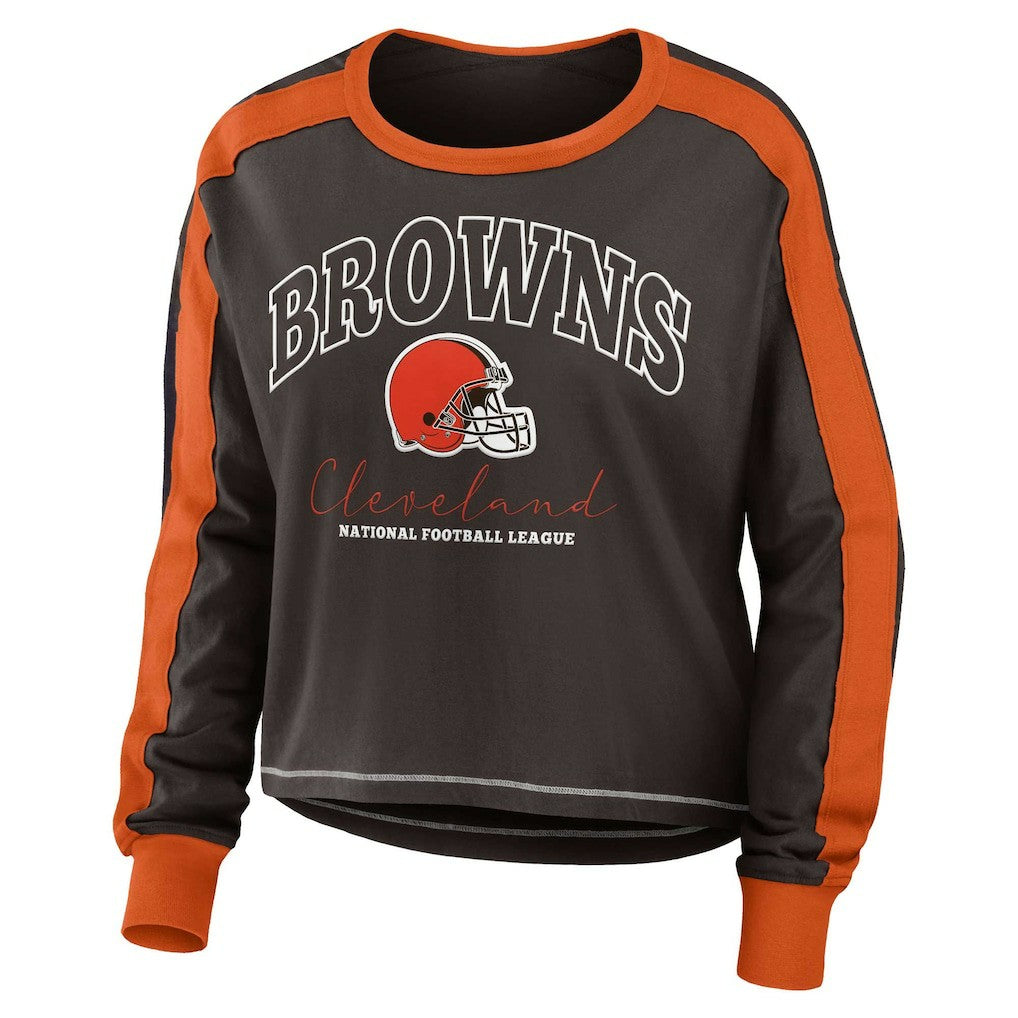 WEAR by Erin Andrews Women's Color Block Modest Crop Long Sleeve T-Shirt - Cleveland Browns