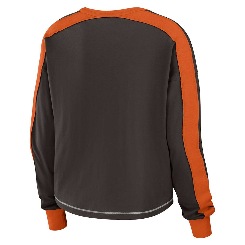 WEAR by Erin Andrews Women's Color Block Modest Crop Long Sleeve T-Shirt - Cleveland Browns