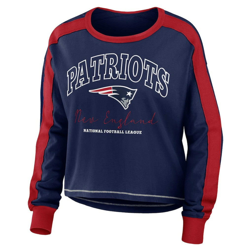 WEAR by Erin Andrews Women's Color Block Modest Crop Long Sleeve T-Shirt - New England Patriots