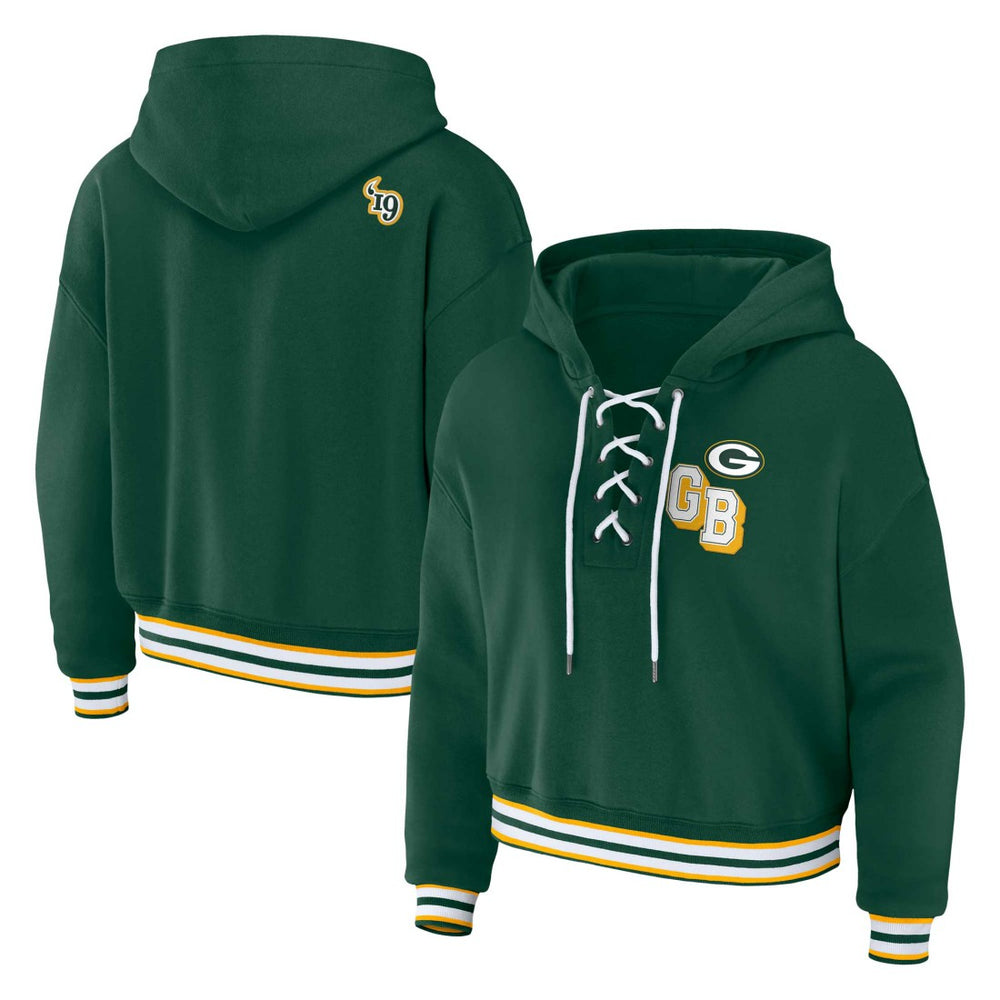 WEAR by Erin Andrews Women's Plus Size Lace-Up Pullover Hoodie - Green Bay Packers