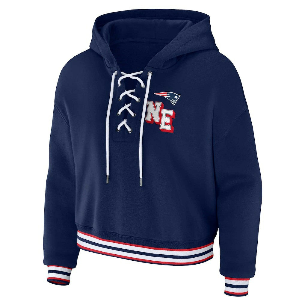 WEAR by Erin Andrews Women's Plus Size Lace-Up Pullover Hoodie - New England Patriots