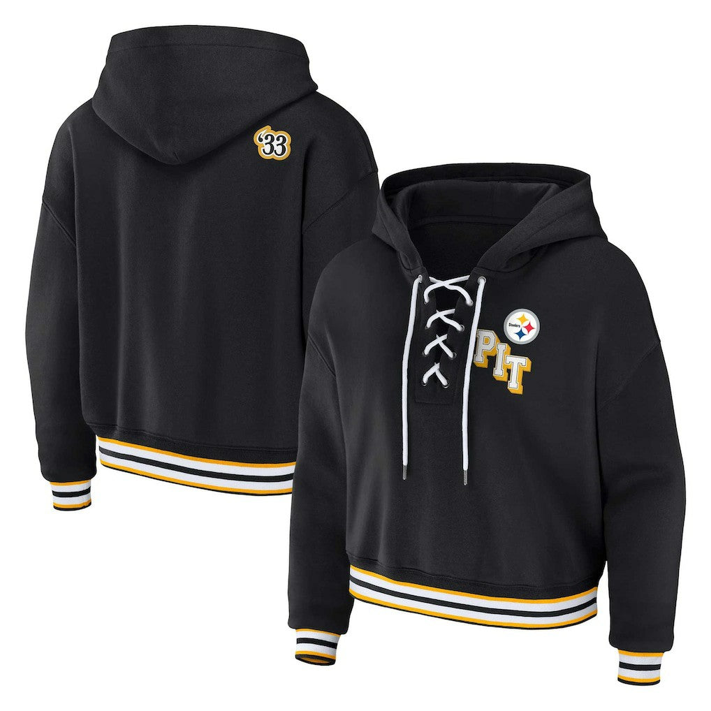 WEAR by Erin Andrews Women's Plus Size Lace-Up Pullover Hoodie - Pittsburgh Steelers