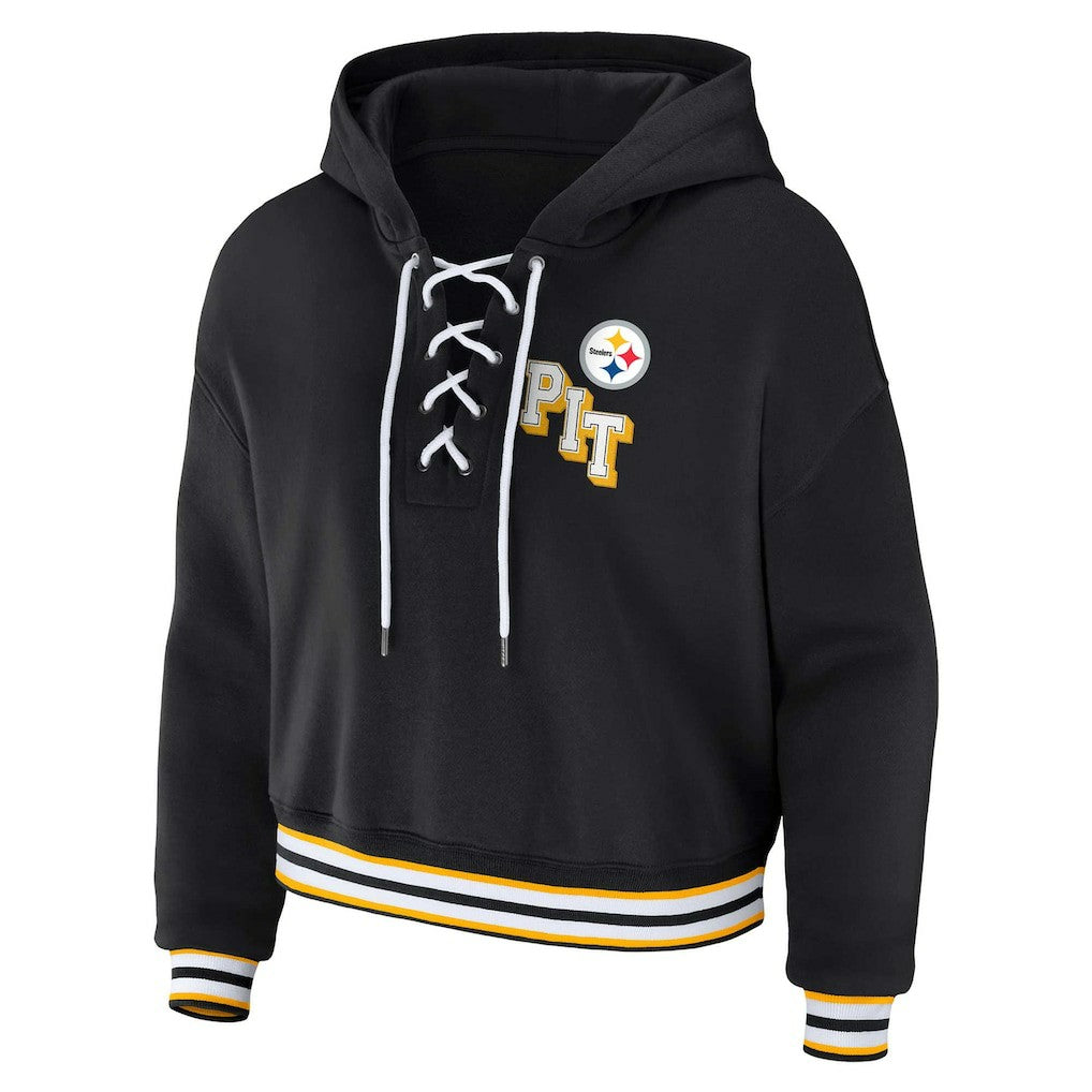 WEAR by Erin Andrews Women's Plus Size Lace-Up Pullover Hoodie - Pittsburgh Steelers