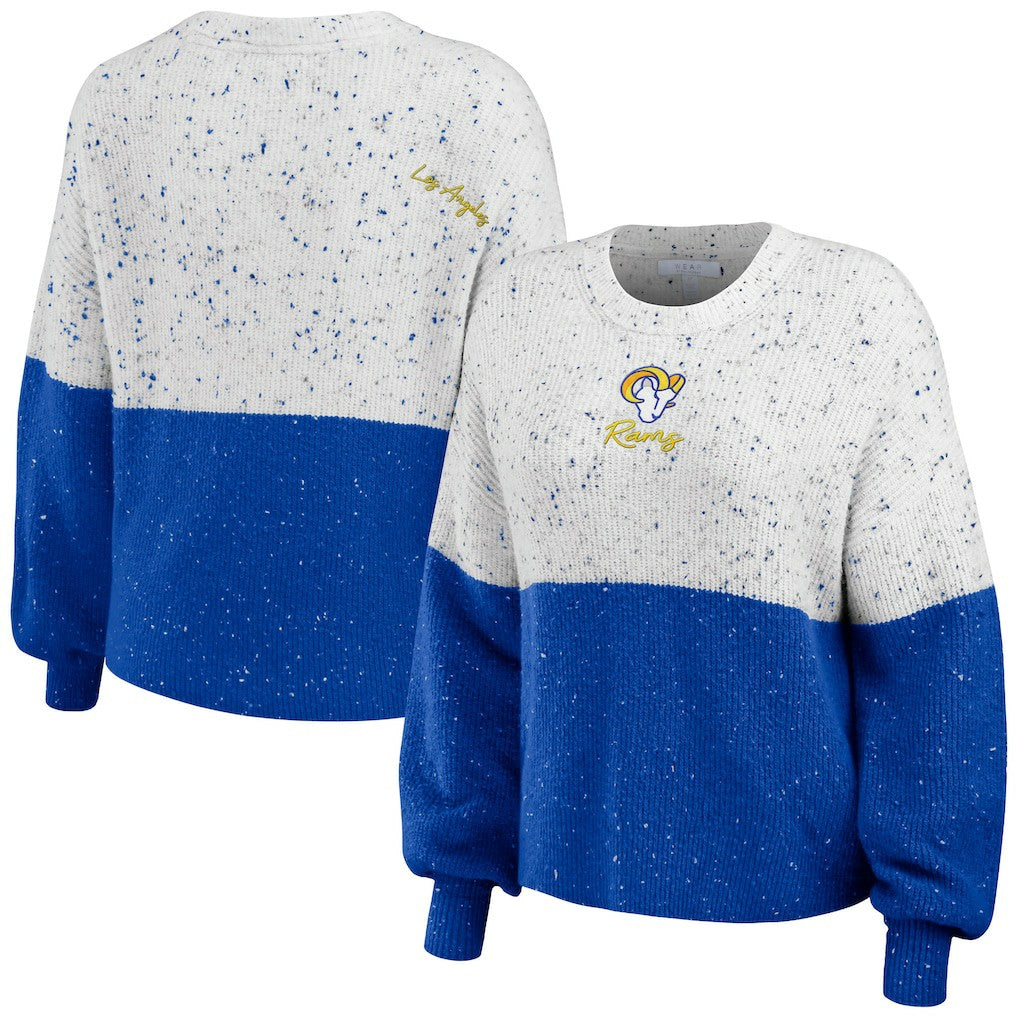 WEAR by Erin Andrews Women's Lighweight Modest Crop Color-Block Pullover Sweater - Los Angeles Rams