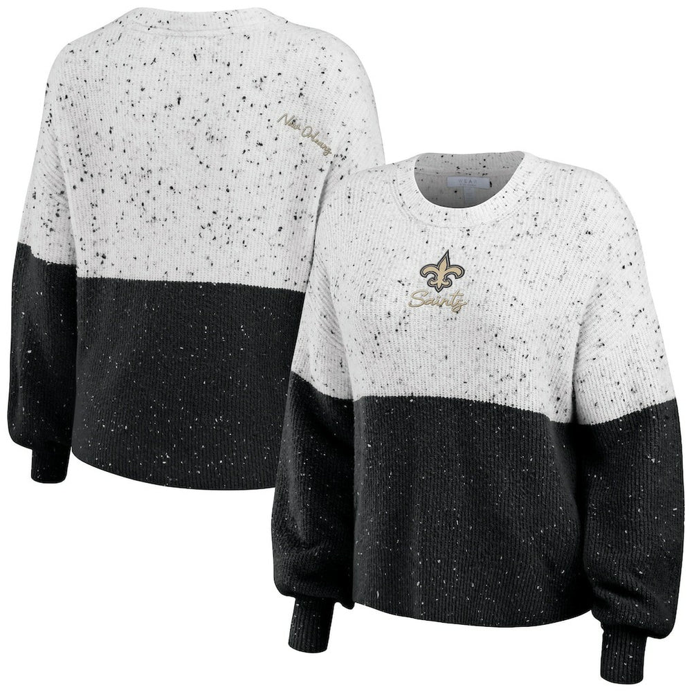 WEAR by Erin Andrews Women's Lighweight Modest Crop Color-Block Pullover Sweater - New Orleans Saints