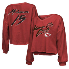 Patrick Mahomes  Majestic Threads Women's Name & Number Off-Shoulder Script Cropped Long Sleeve Relaxed V-Neck T-Shirt - Kansas City Chiefs