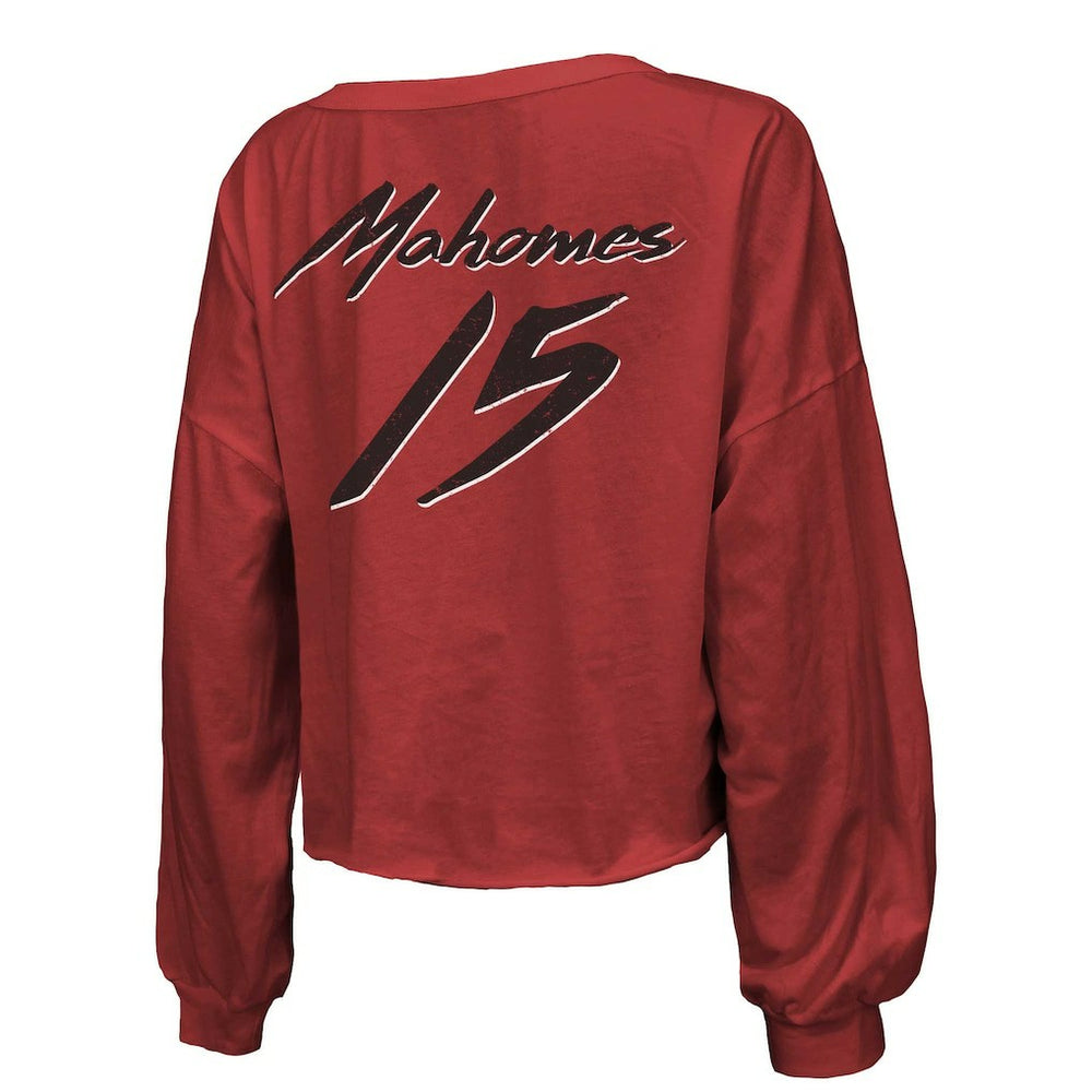 Patrick Mahomes  Majestic Threads Women's Name & Number Off-Shoulder Script Cropped Long Sleeve Relaxed V-Neck T-Shirt - Kansas City Chiefs