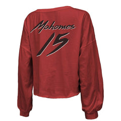 Patrick Mahomes  Majestic Threads Women's Name & Number Off-Shoulder Script Cropped Long Sleeve Relaxed V-Neck T-Shirt - Kansas City Chiefs