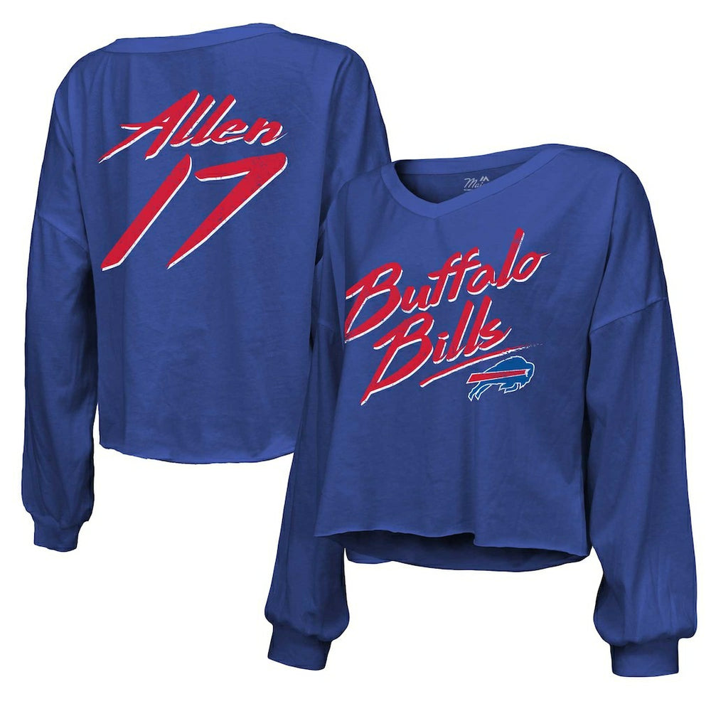 Josh Allen  Majestic Threads Women's Name & Number Off-Shoulder Script Cropped Long Sleeve Relaxed V-Neck T-Shirt - Buffalo Bills
