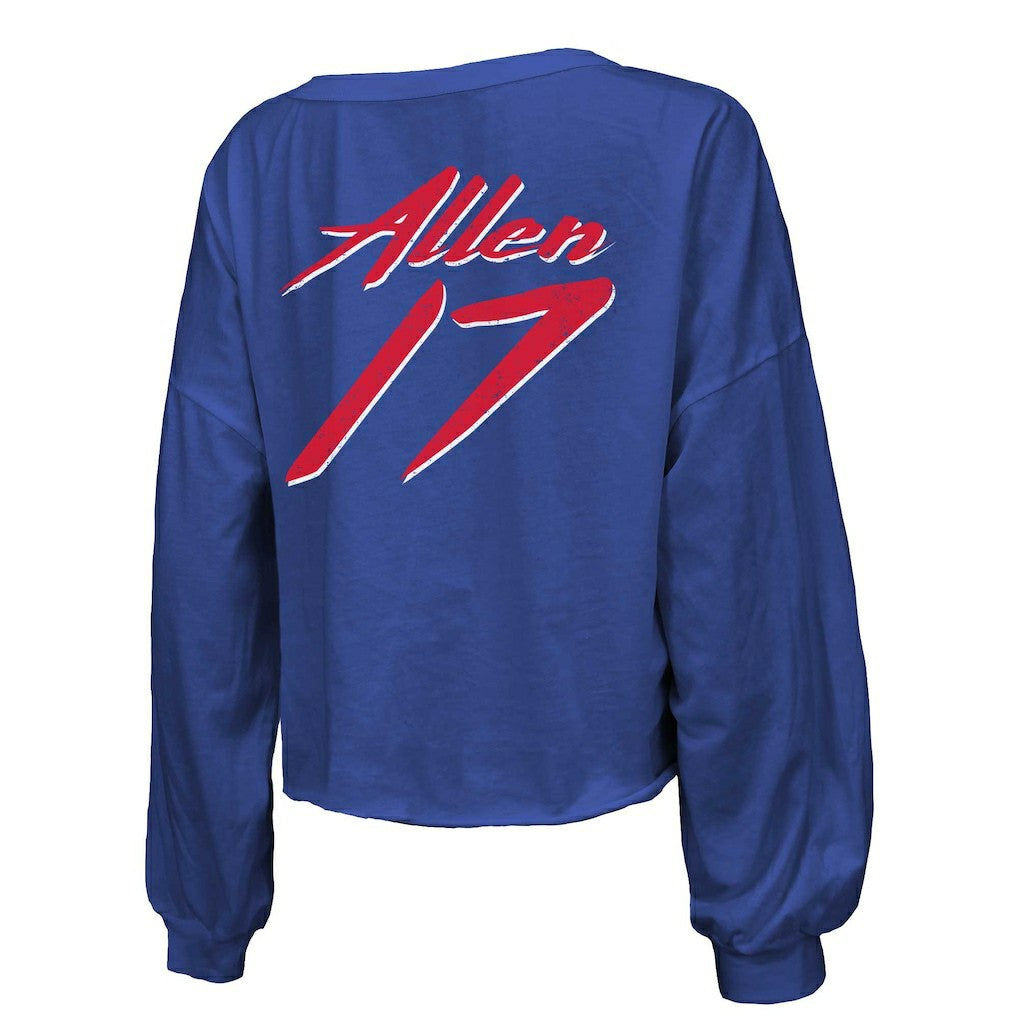 Josh Allen  Majestic Threads Women's Name & Number Off-Shoulder Script Cropped Long Sleeve Relaxed V-Neck T-Shirt - Buffalo Bills