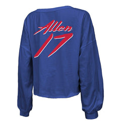 Josh Allen  Majestic Threads Women's Name & Number Off-Shoulder Script Cropped Long Sleeve Relaxed V-Neck T-Shirt - Buffalo Bills