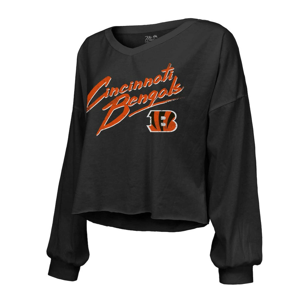 Joe Burrow  Majestic Threads Women's Name & Number Off-Shoulder Script Cropped Long Sleeve Relaxed V-Neck T-Shirt - Cincinnati Bengals