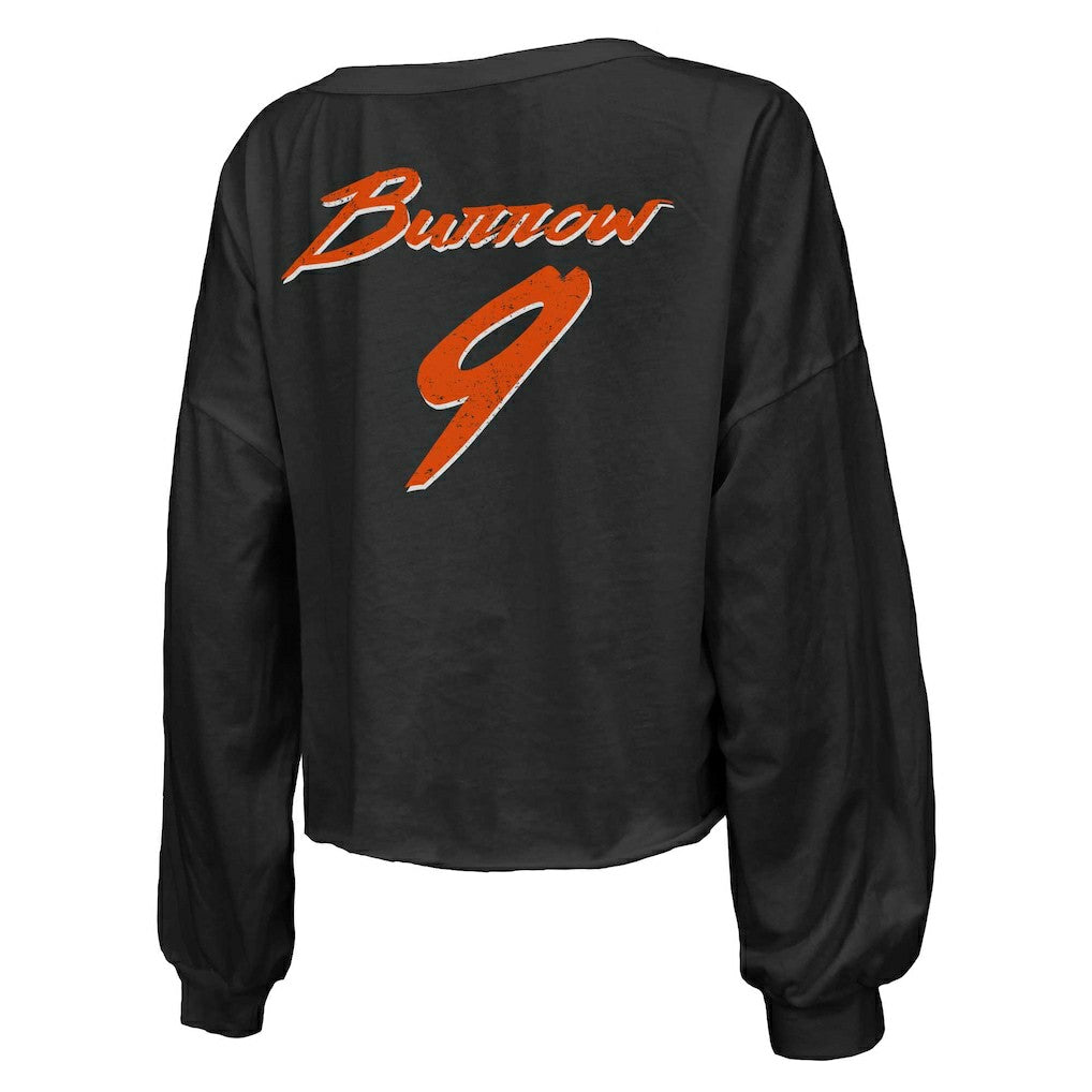 Joe Burrow  Majestic Threads Women's Name & Number Off-Shoulder Script Cropped Long Sleeve Relaxed V-Neck T-Shirt - Cincinnati Bengals
