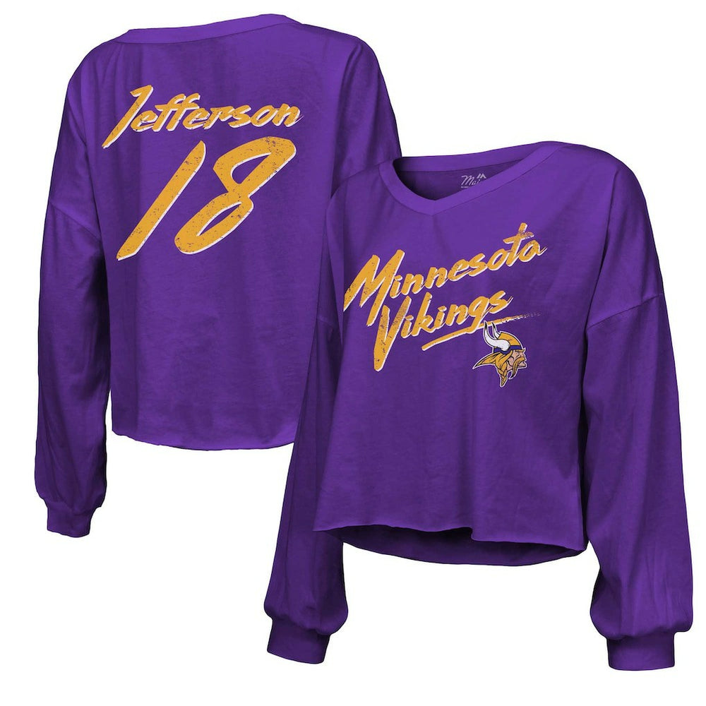 Justin Jefferson  Majestic Threads Women's Name & Number Off-Shoulder Script Cropped Long Sleeve V-Neck T-Shirt - Minnesota Vikings