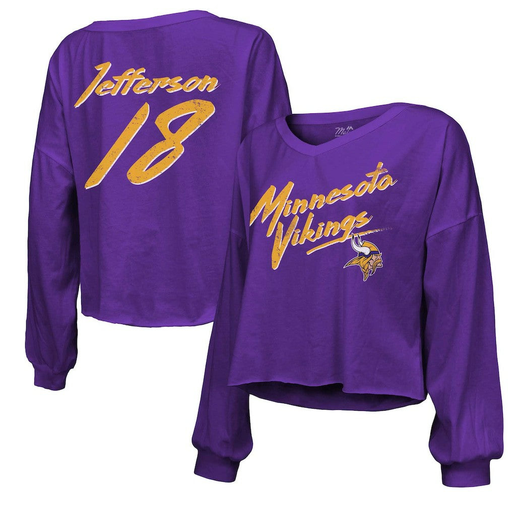 Justin Jefferson  Majestic Threads Women's Name & Number Off-Shoulder Script Cropped Long Sleeve V-Neck T-Shirt - Minnesota Vikings