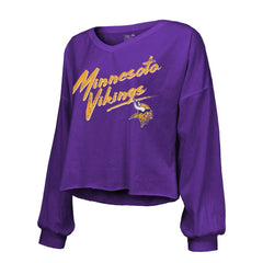 Justin Jefferson  Majestic Threads Women's Name & Number Off-Shoulder Script Cropped Long Sleeve V-Neck T-Shirt - Minnesota Vikings