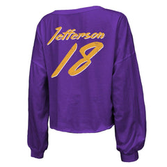 Justin Jefferson  Majestic Threads Women's Name & Number Off-Shoulder Script Cropped Long Sleeve V-Neck T-Shirt - Minnesota Vikings