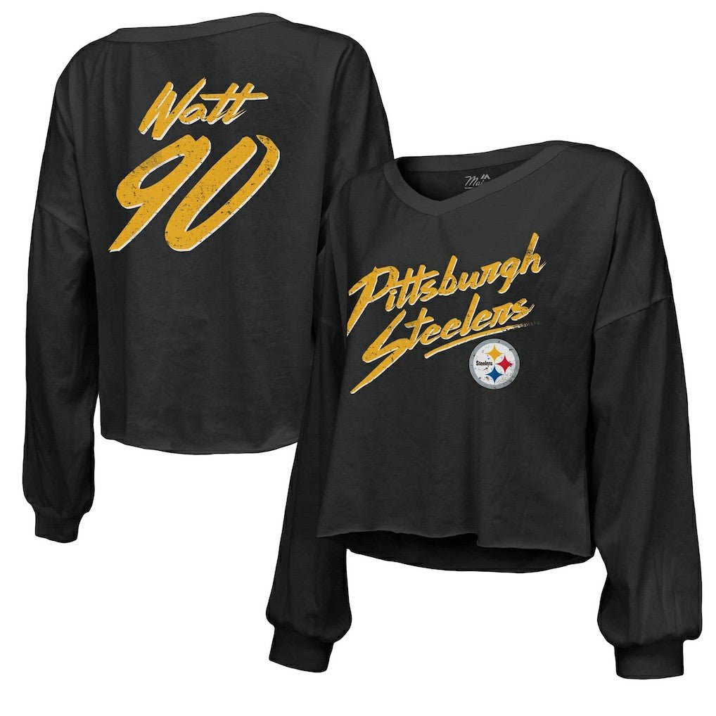 T.J. Watt  Majestic Threads Women's Name & Number Off-Shoulder Script Cropped Long Sleeve Relaxed V-Neck T-Shirt - Pittsburgh Steelers