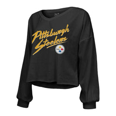 T.J. Watt  Majestic Threads Women's Name & Number Off-Shoulder Script Cropped Long Sleeve Relaxed V-Neck T-Shirt - Pittsburgh Steelers