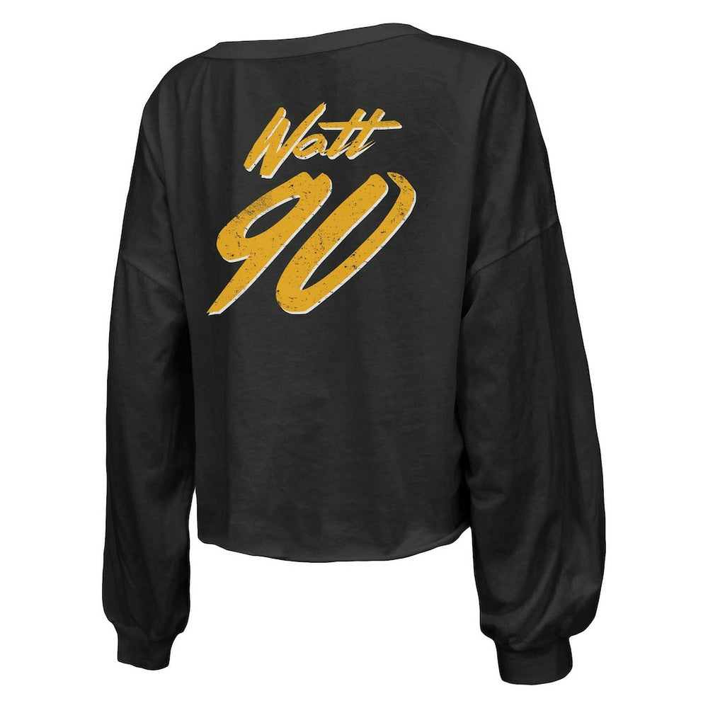T.J. Watt  Majestic Threads Women's Name & Number Off-Shoulder Script Cropped Long Sleeve Relaxed V-Neck T-Shirt - Pittsburgh Steelers
