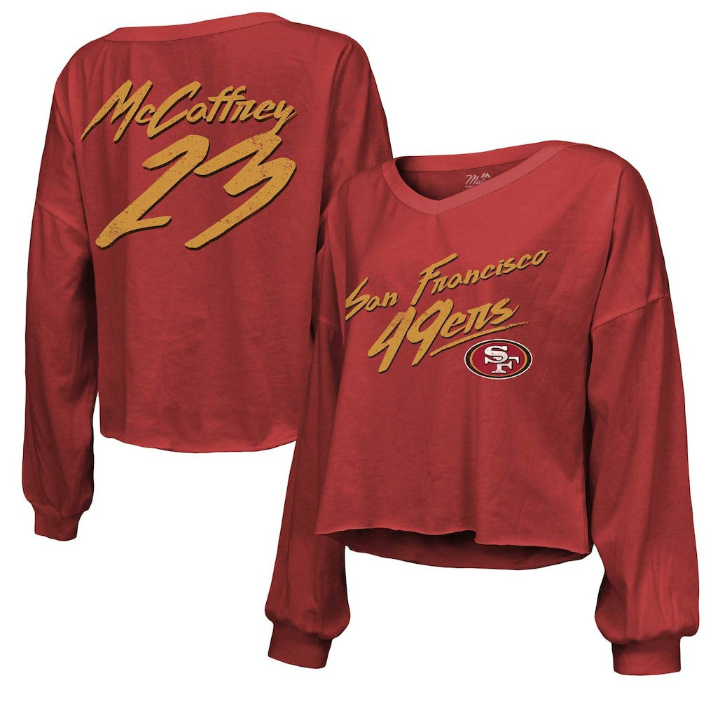 Christian McCaffrey  Majestic Threads Women's Name & Number Off-Shoulder Script Cropped Long Sleeve V-Neck T-Shirt - San Francisco 49ers