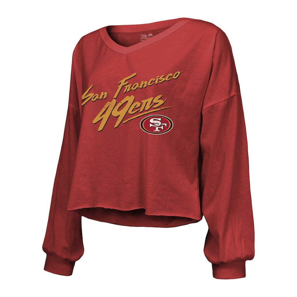 Christian McCaffrey  Majestic Threads Women's Name & Number Off-Shoulder Script Cropped Long Sleeve V-Neck T-Shirt - San Francisco 49ers