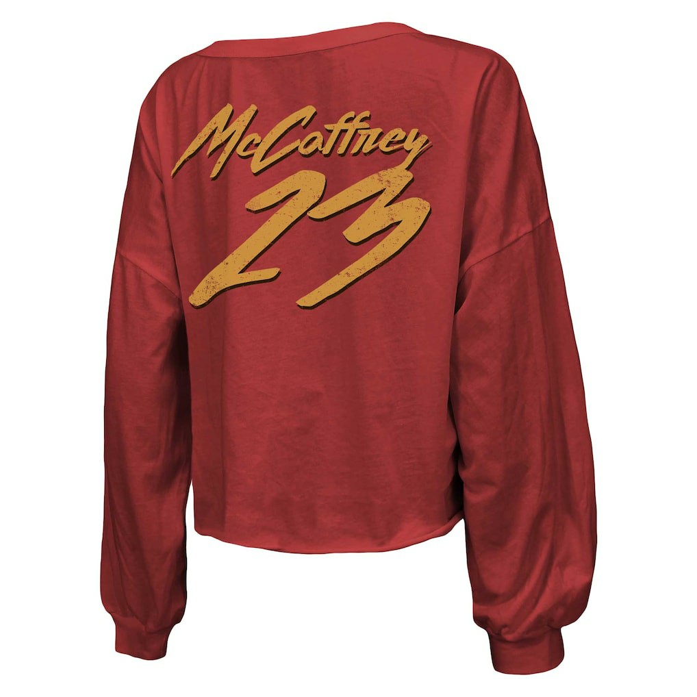 Christian McCaffrey  Majestic Threads Women's Name & Number Off-Shoulder Script Cropped Long Sleeve V-Neck T-Shirt - San Francisco 49ers