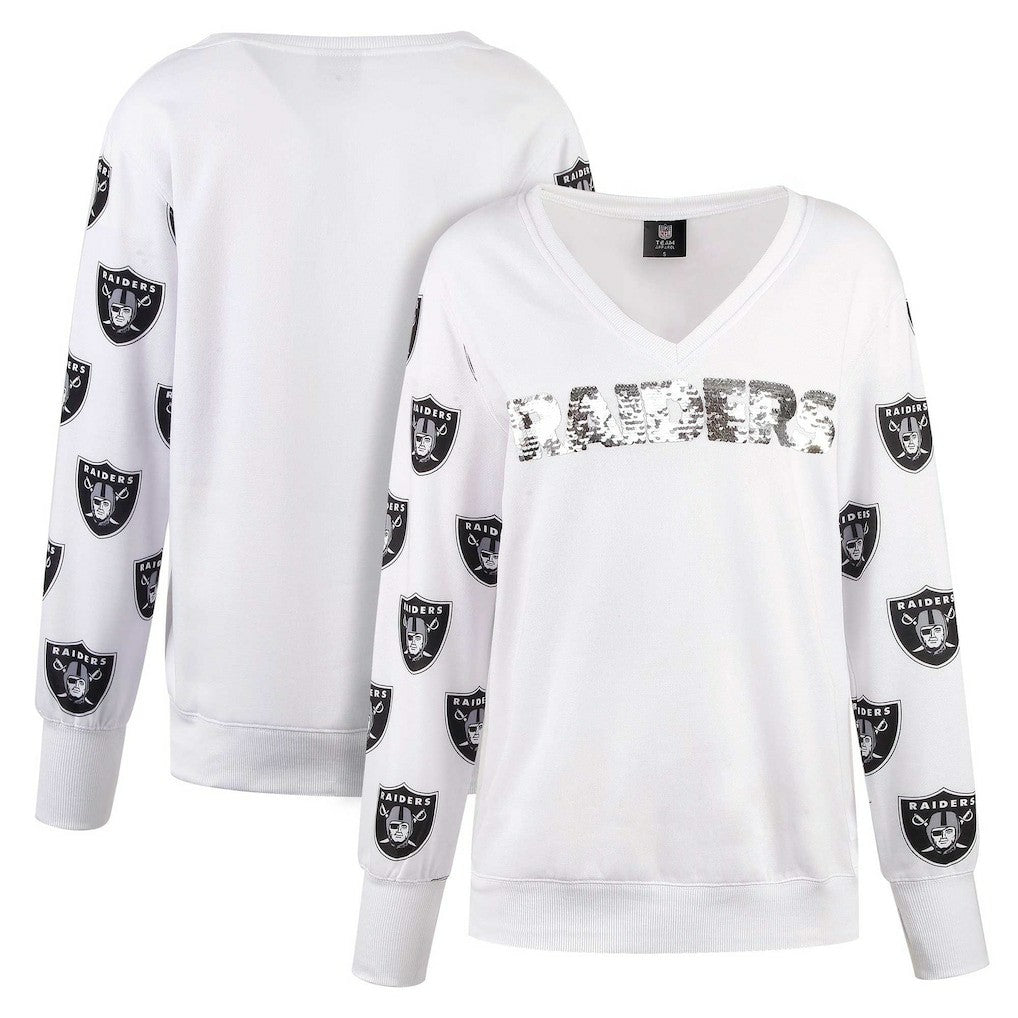 Cuce Women's Sequin Fleece V-Neck T-Shirt - Las Vegas Raiders