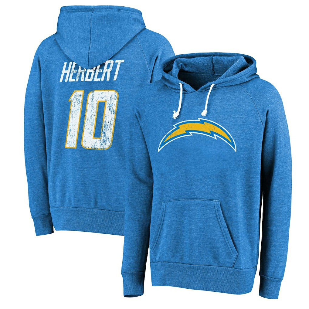 Justin Herbert  Majestic Threads Name & Number Tri-Blend Pullover Hoodie - Los Angeles Chargers
