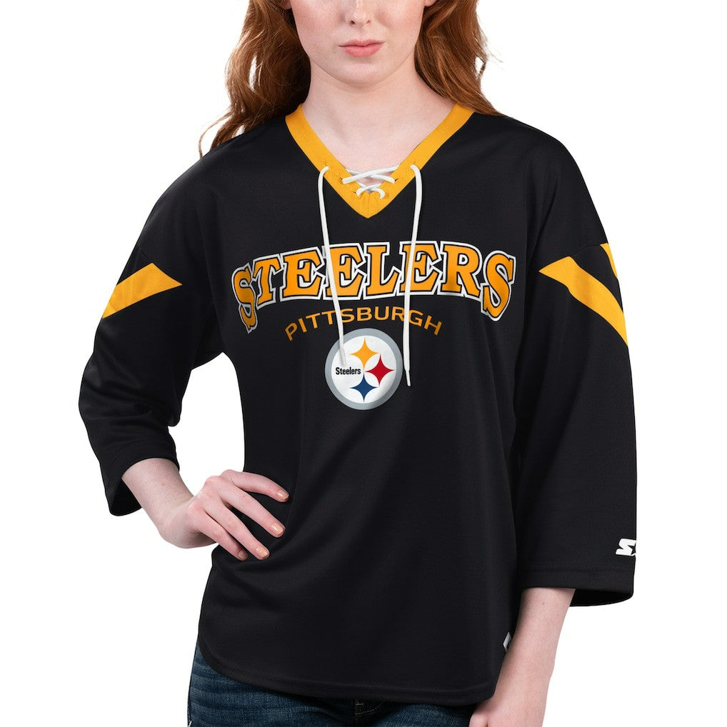 Starter Women's Rally Lace-Up 3/4 Sleeve T-Shirt - Pittsburgh Steelers