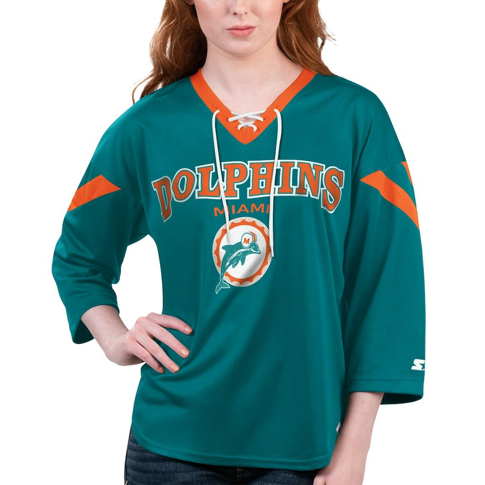 Starter Women's Rally Lace-Up 3/4 Sleeve T-Shirt - Miami Dolphins