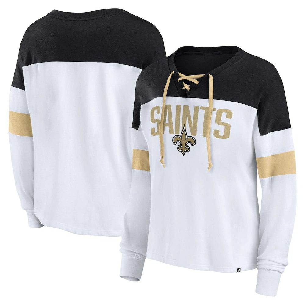 Women's Plus Size Even Match Lace-Up Long Sleeve V-Neck Top - New Orleans Saints