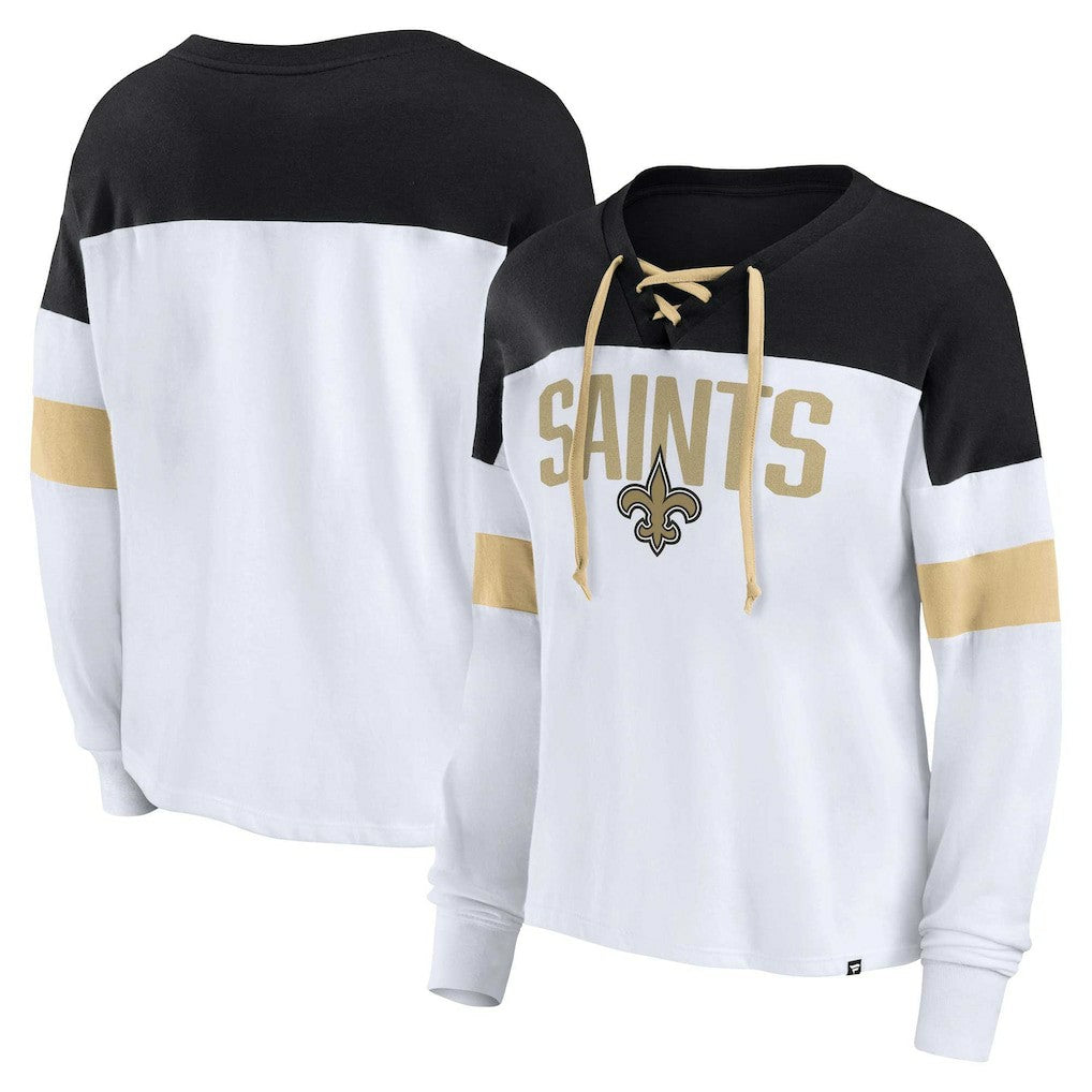 Women's Plus Size Even Match Lace-Up Long Sleeve V-Neck Top - New Orleans Saints