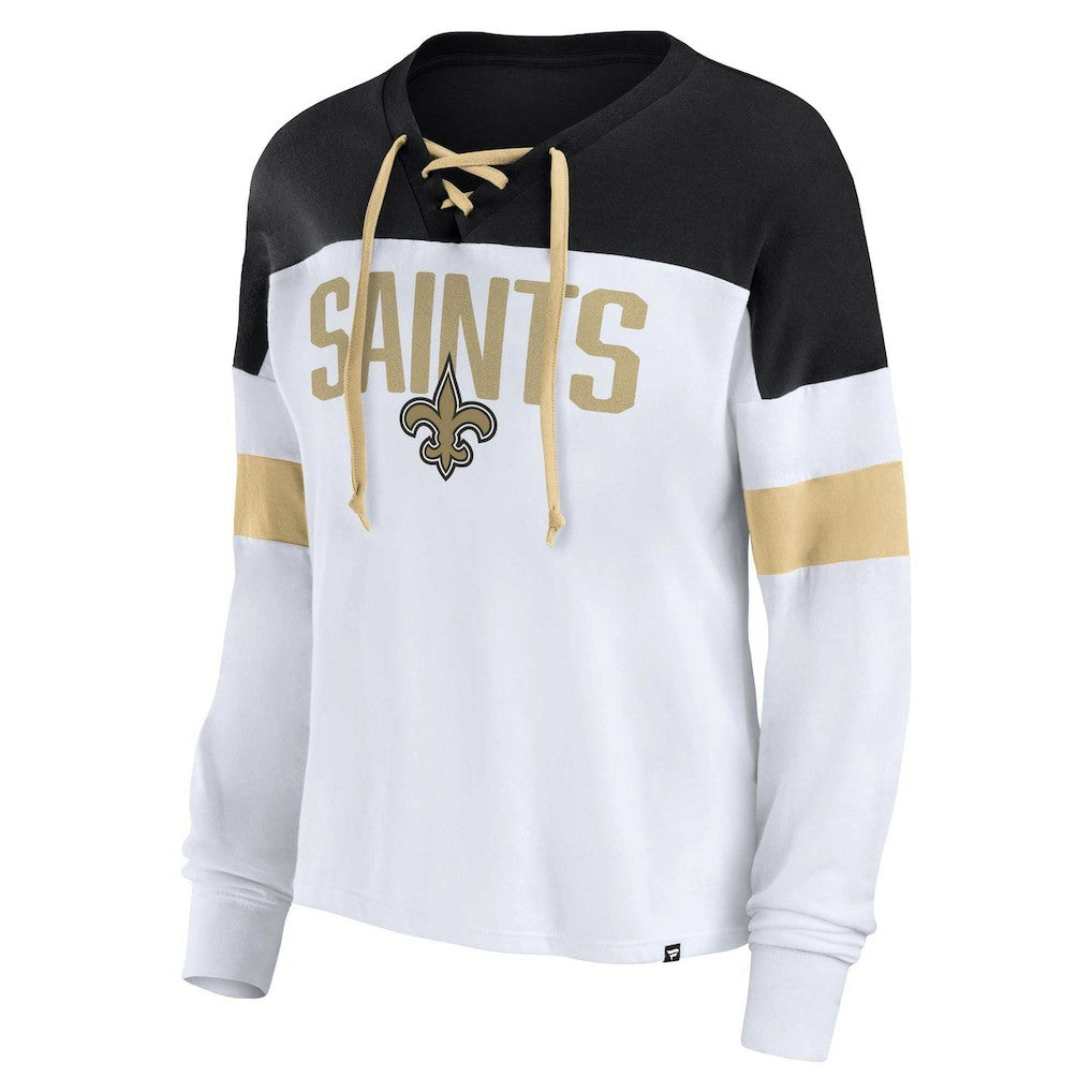 Women's Plus Size Even Match Lace-Up Long Sleeve V-Neck Top - New Orleans Saints