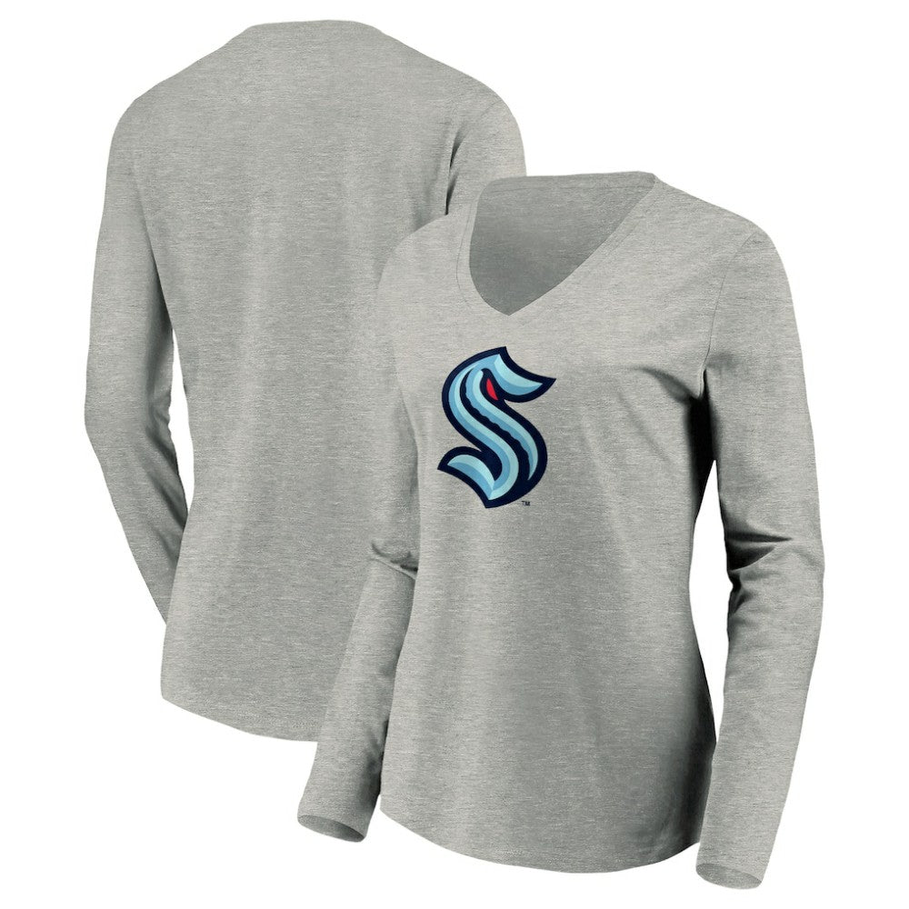 NHL Gray Seattle Kraken Women's Primary Logo V-Neck Long Sleeve T-Shirt