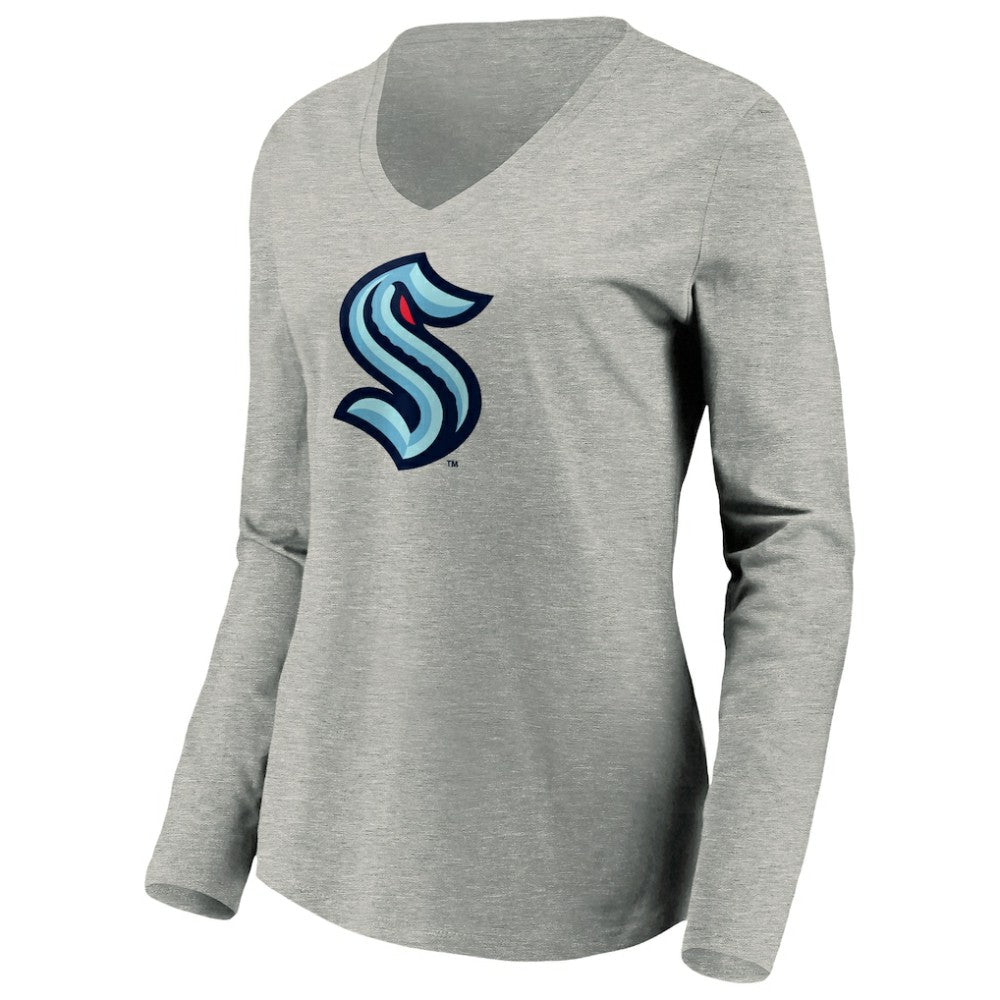 NHL Gray Seattle Kraken Women's Primary Logo V-Neck Long Sleeve T-Shirt
