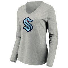 NHL Gray Seattle Kraken Women's Primary Logo V-Neck Long Sleeve T-Shirt